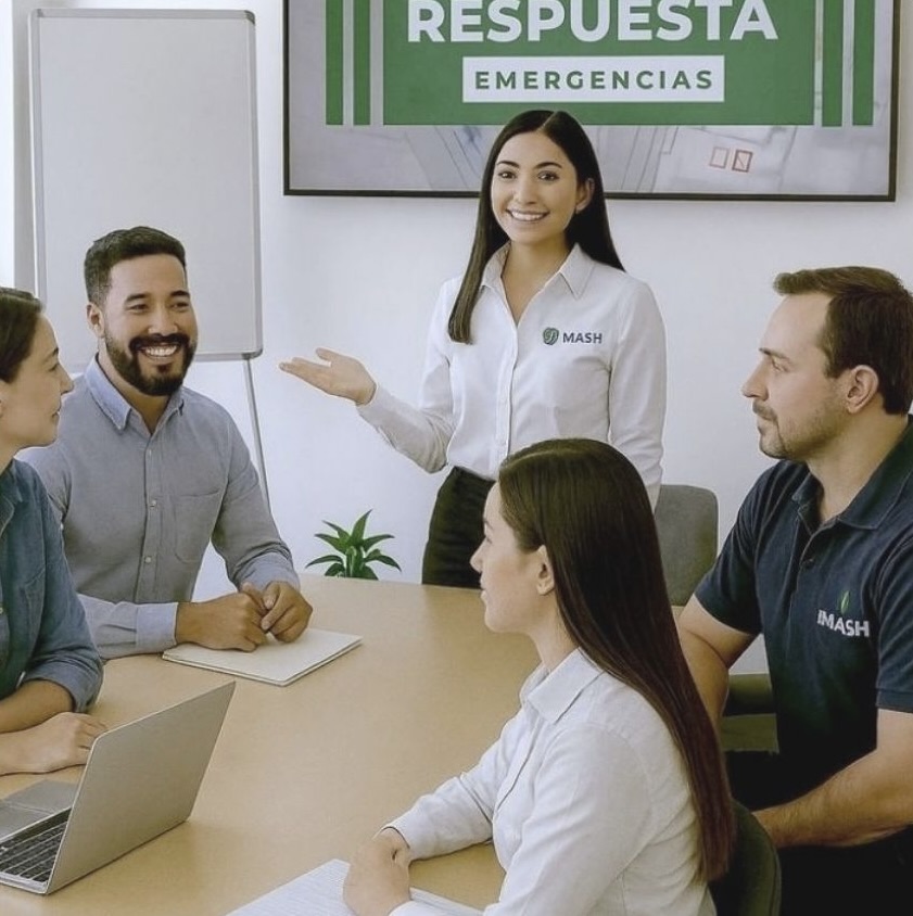 Instructora impartiendo capacitación de seguridad a un equipo de trabajo