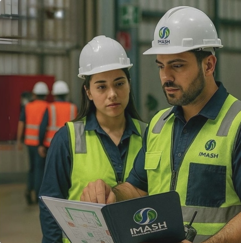 Técnico realizando una medición de ruido con un sonómetro en una fábrica
