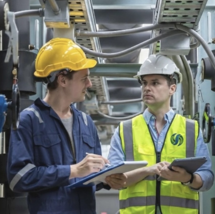 Persona con casco analizando un plano de riesgos en una construcción